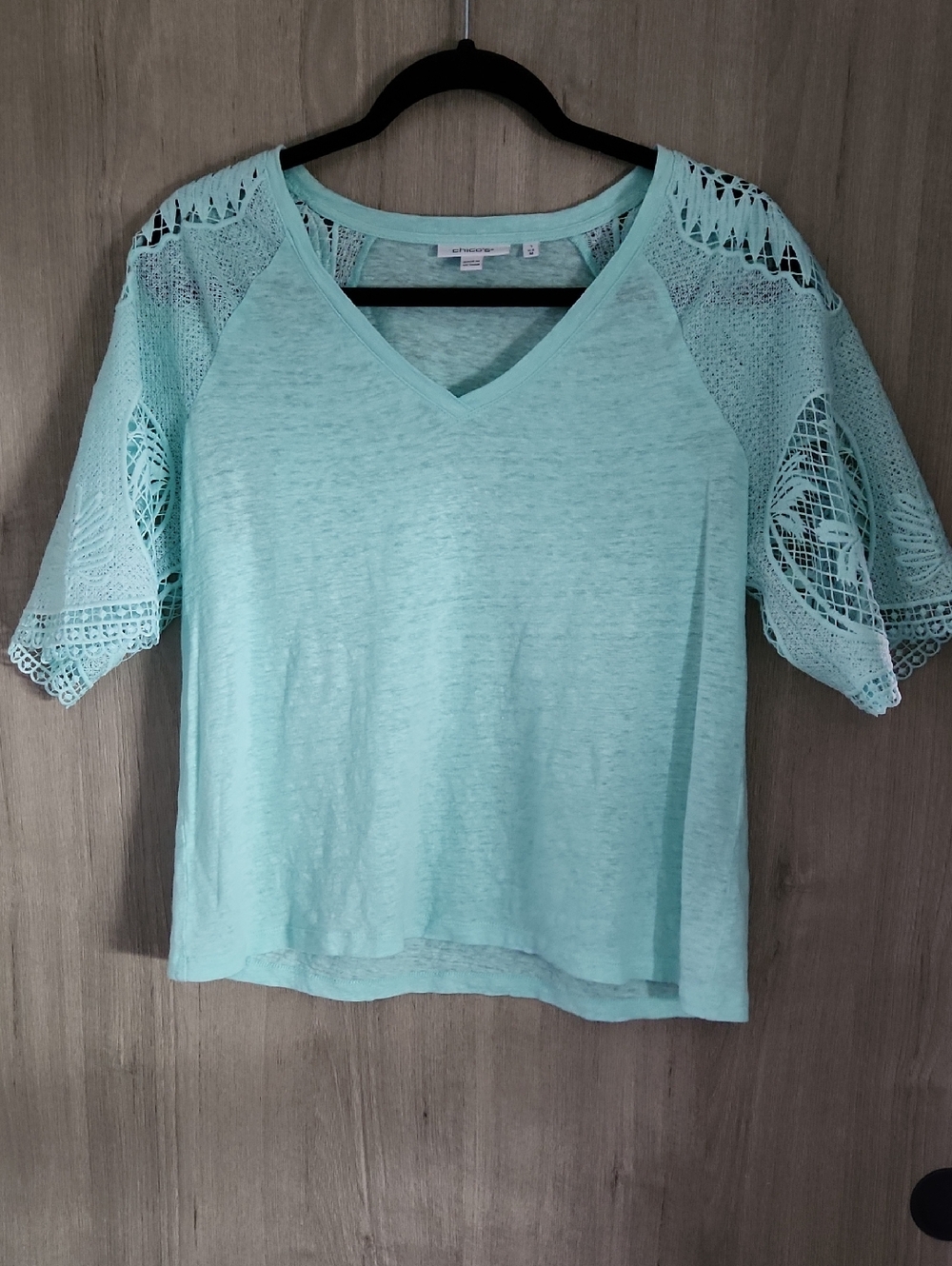 Chico's Sea Foam Green Multi-Color Abstract V-Neck Poncho. - Picture 9 of 12
